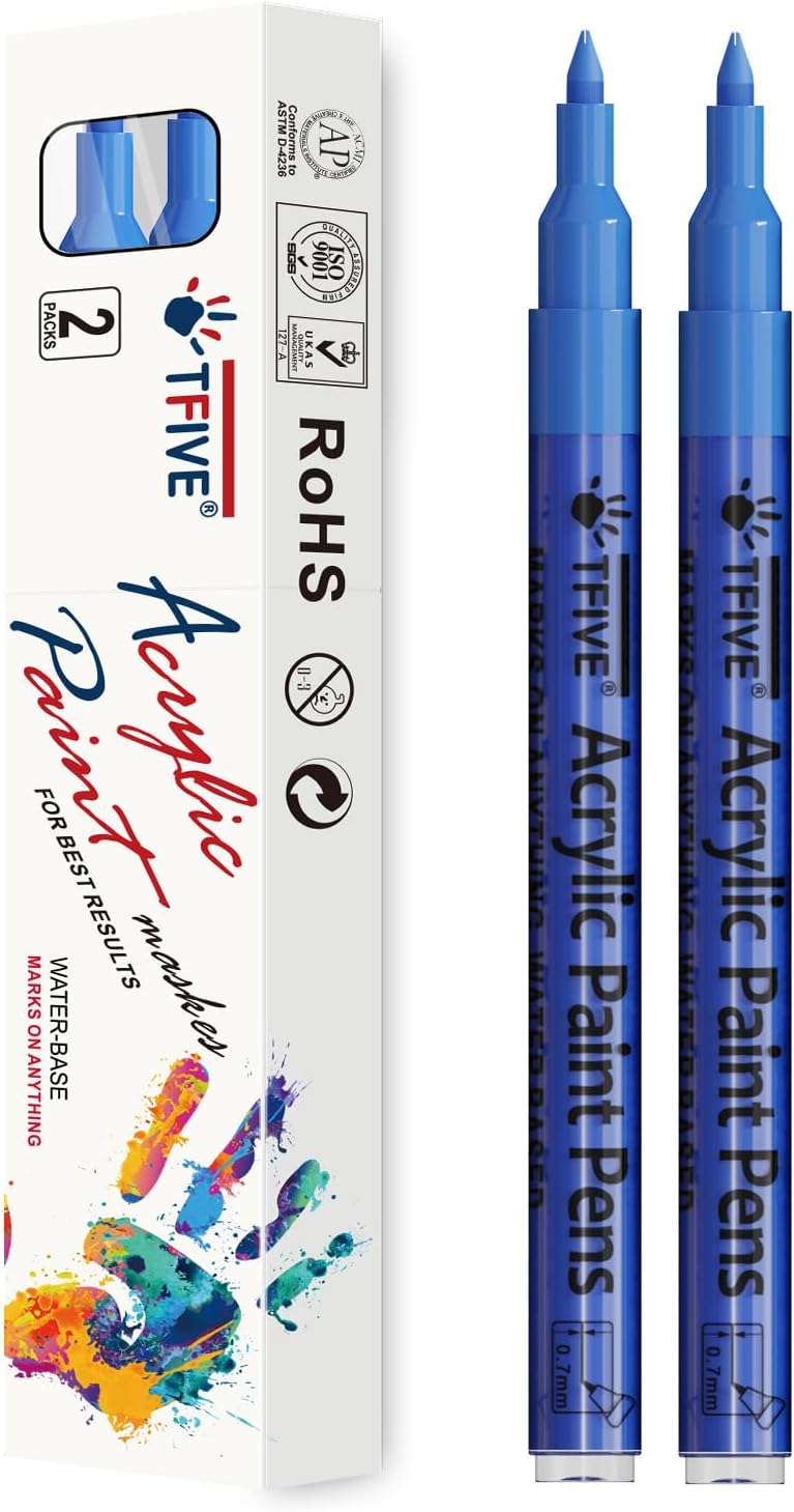TFIVE Blue Paint Marker Pens - 2 Pack Acrylic Permanent Marker, 0.7mm Extra Fine Tip for Art Projects, Drawing, Rock Painting, Ceramic, Glass, Wood, Plastic, Metal, Canvas DIY Crafts - Image 1